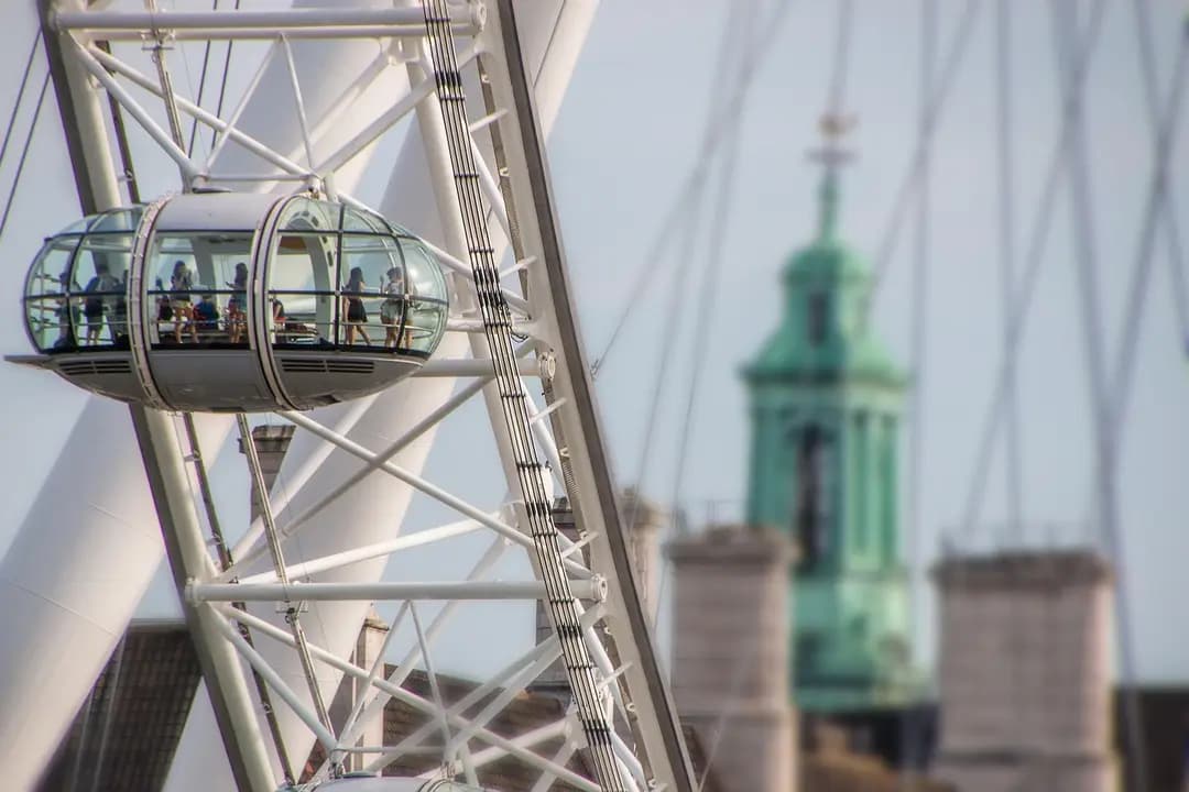 Ferris wheel against a city skyline